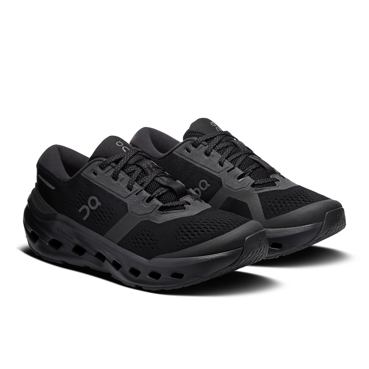 On Cloudrunner 3 in all black, upper and lacing close-up