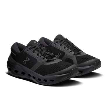 On Cloudrunner 3 in all black, upper and lacing close-up