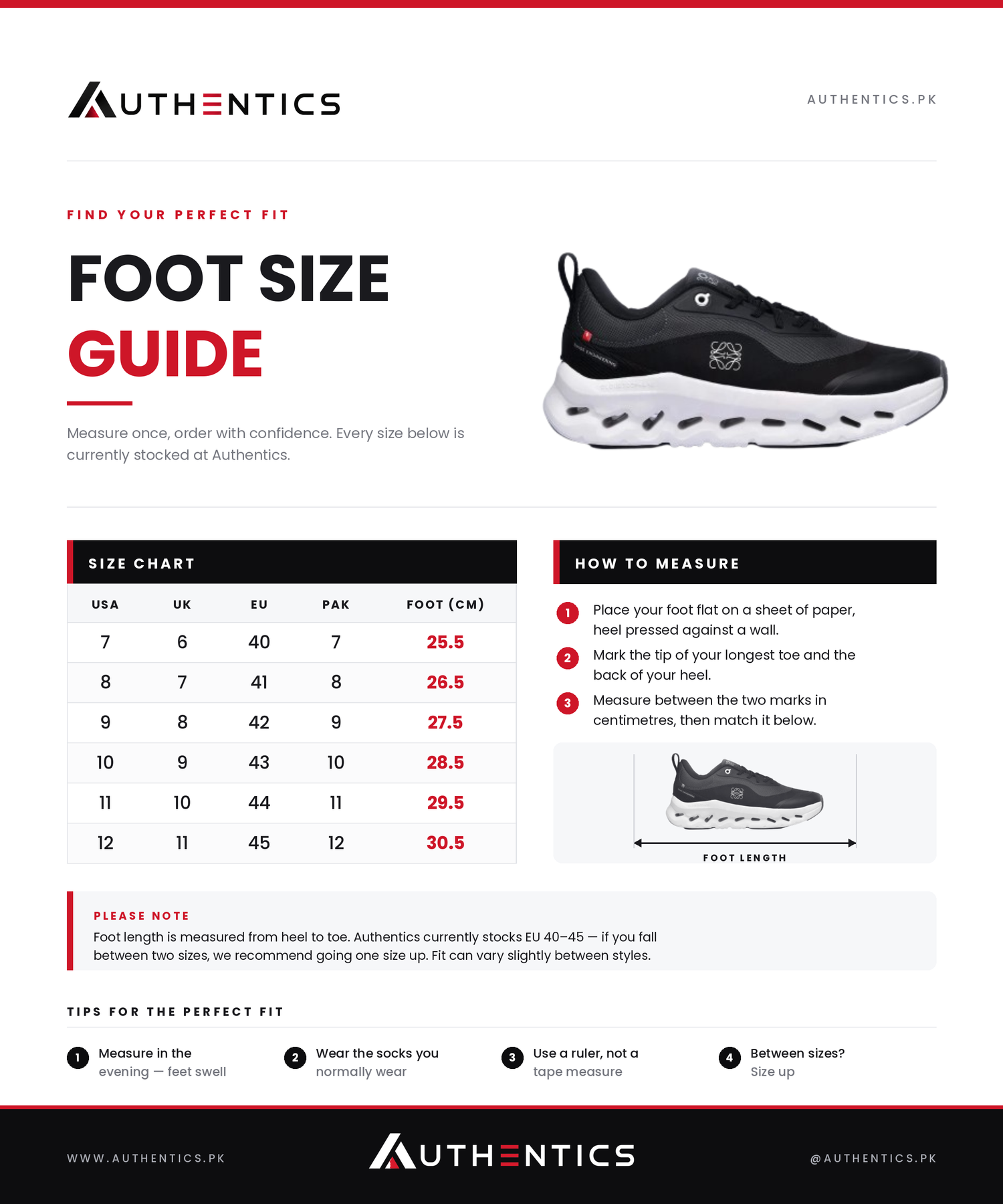 Authentics foot size guide - USA UK EU PAK shoe size conversion chart